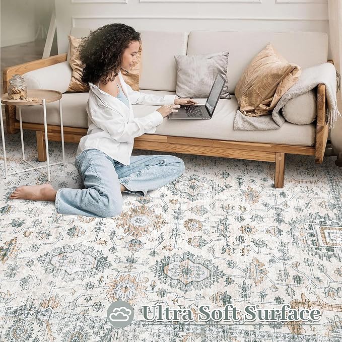 XLUEZ Area Rug 5x7 Living Room Rug, Machine Washable Vintage Distressed Boho Area Rug Non-Slip Soft Low Pile Large Indoor Rugs for Bedroom Kitchen Dining Room Office(Brown Green,5'x7')