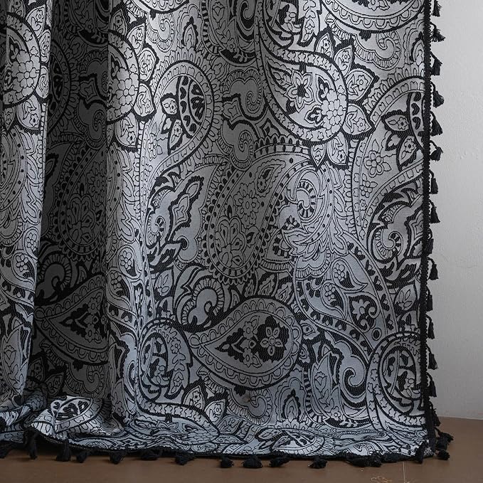 ENJOYBRIDAL Black Paisley 96 Inch Curtains for Bedroom Semi Sheer Drapes Light Filtering Boho Rod Pocket Long Window Curtains 2 Panel Sets Living Room Farmhouse Printed Jacquard Window Treatments