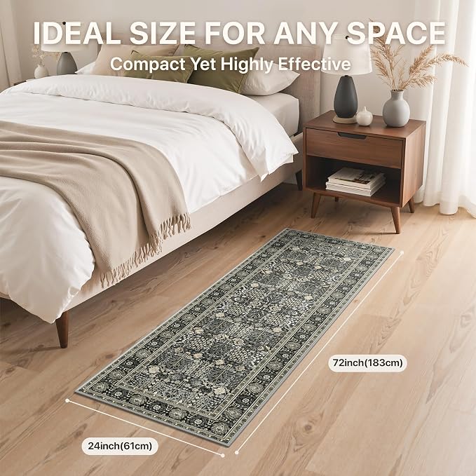 Bavni 2.6x8 Rug Runners for Hallways, Washable Runner Rug Non Slip,Vintage Floral Print Style Rugs for Bedroom-Lightweight Low Pile Carpet for Hallways Bathroom, Black