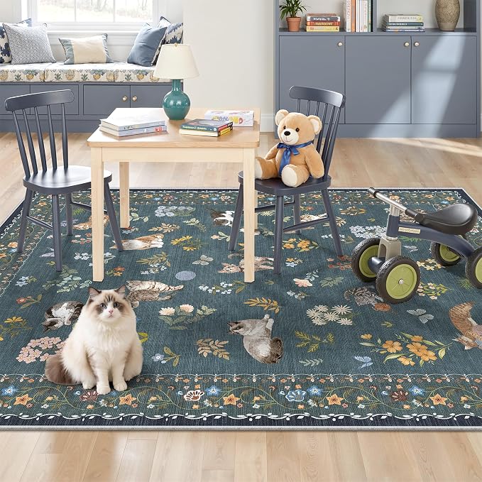 Soalmost Cat 4x6 Area Rugs, Machine Washable Animal Floral Accent Rug Non-Slip Low Pile Soft Throw Rugs for Entryway Kitchen Bedside Living Room Bedroom Nursery Playroom (4 x 6,Navy Blue)