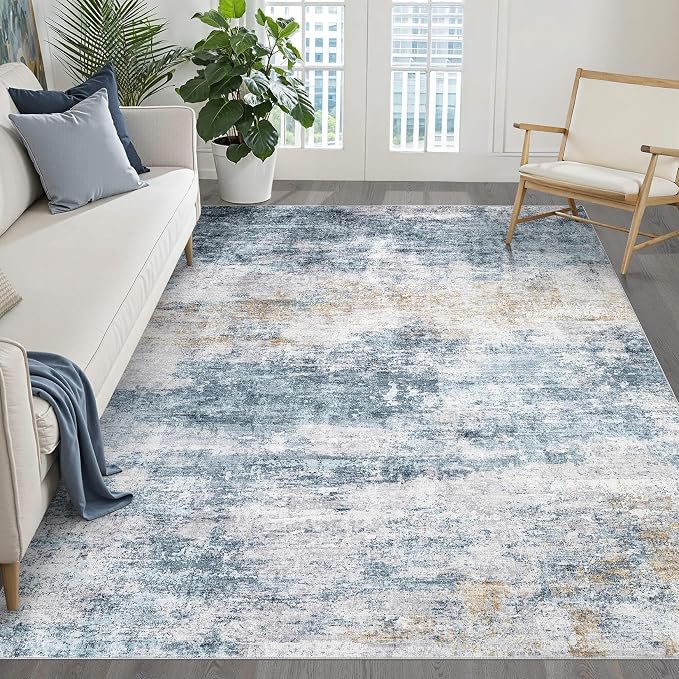 6x8 Area Rugs Living Room: Washable Large Neutral Rug Abstract Soft Modern Stain Resistant Indoor Floor Non-Slip Carpet for Bedroom Nursery Kids Office Playroom Dining Room Under Table- Blue Gold