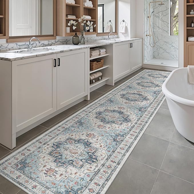 Madane Washable Runner Rugs 2x12 Long for Hallway Kitchen Soft, Blue | Non-Slip Vintage Printed 12ft Rug Runners with Rubber Backing, Thin Low-Pile Floor Carpet Laundry Room Entryway, Corridor