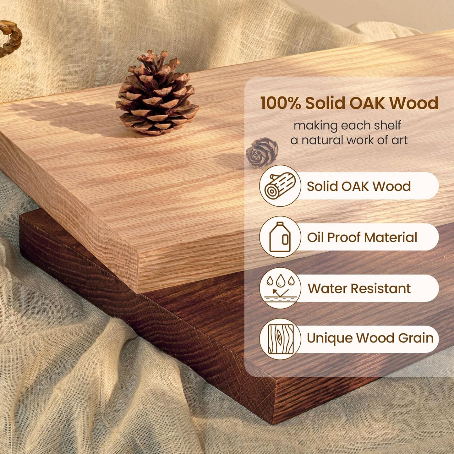 Fun Memories Solid Oak Wood Floating Shelves, 9.3 Inch Deep Natural Wood Shelf with Invisible Heavy Duty Bracket for Bathroom Bedroom Kitchen - 48inch Set of 1, Natural