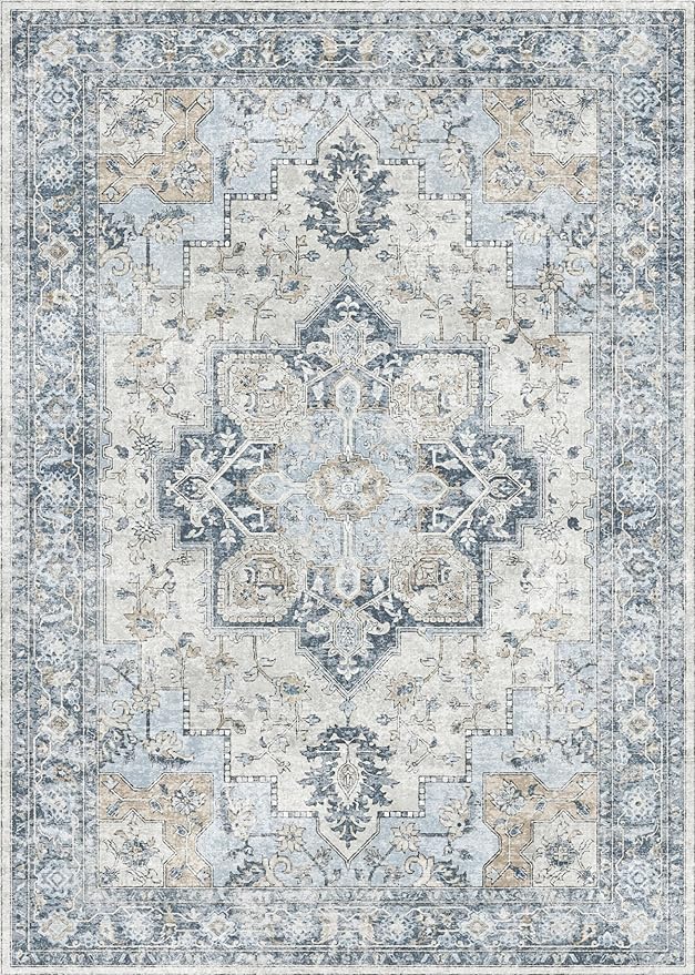 GENIMO 3x5 Area Rugs for Living Room, Machine Washable Rug, Non Slip Vintage Rugs, Low Pile Lightweight Chenille Print Rug for Bedroom, Dining Room, Home Office, Blue
