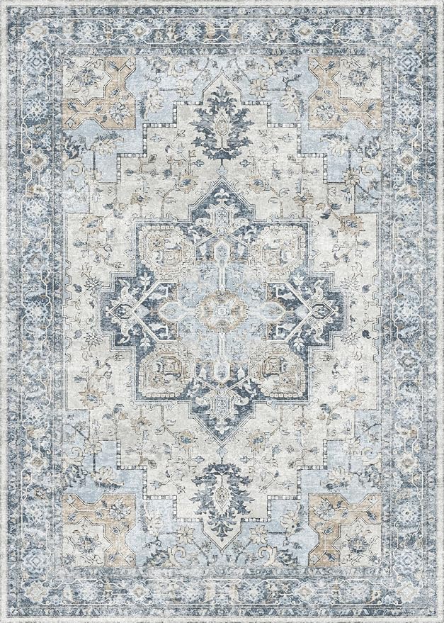 GENIMO 3x5 Area Rugs for Living Room, Machine Washable Rug, Non Slip Vintage Rugs, Low Pile Lightweight Chenille Print Rug for Bedroom, Dining Room, Home Office, Blue