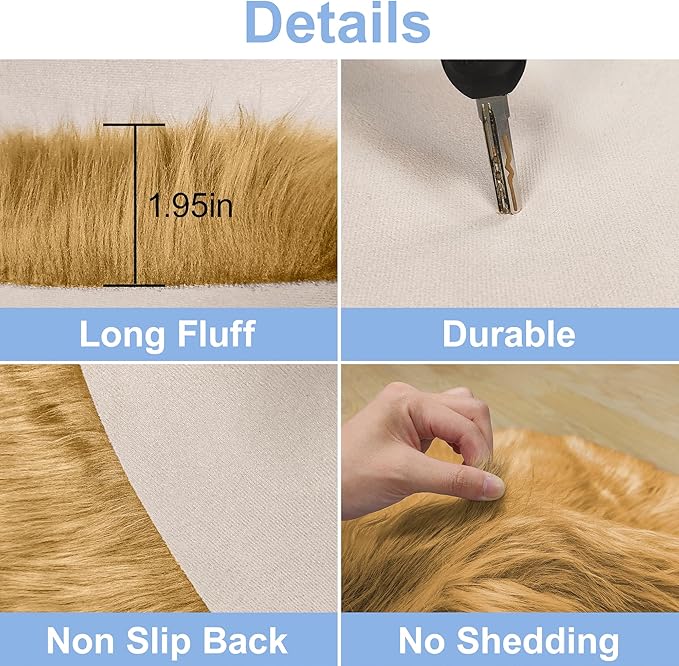 Khaki Faux Fur Round Rug for Bedroom, Fluffy Circle Rugs 2 2 Feet for Kids Room, Furry Carpet for Teen Girls Room, Non-Slip Shaggy Circular Rug Plush Rug