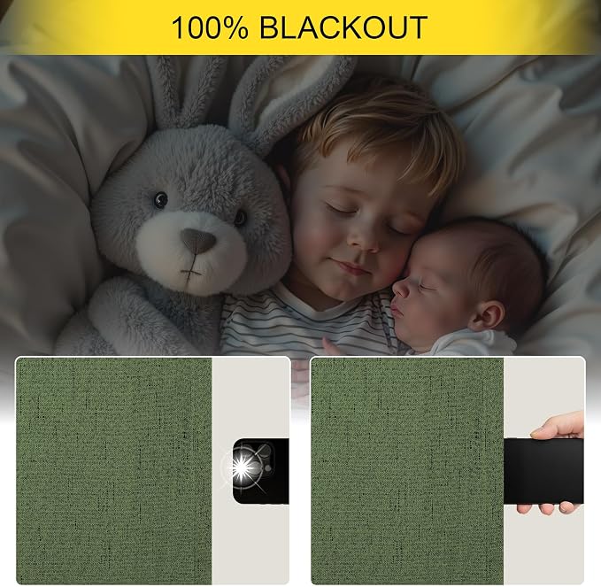 Olive Green Blackout Curtains for Bedroom 96 Inches Long Floor Length 2 Panel Vintage Earth Tone Earthy Academia Dark Out Curtain for Sliding Doors Living Room Darkening Thermal Linen Drape Army Green