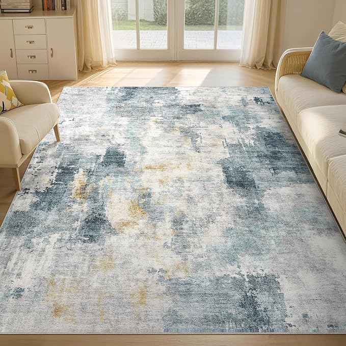 Tortania Washable 6x9 Area Rug for Living Room: Modern Abstract Neutral Large Soft Thin Rugs - Non Slip Indoor Carpet for Bedroom Dining Room Office Nursery Home Floor Decoration - Blue