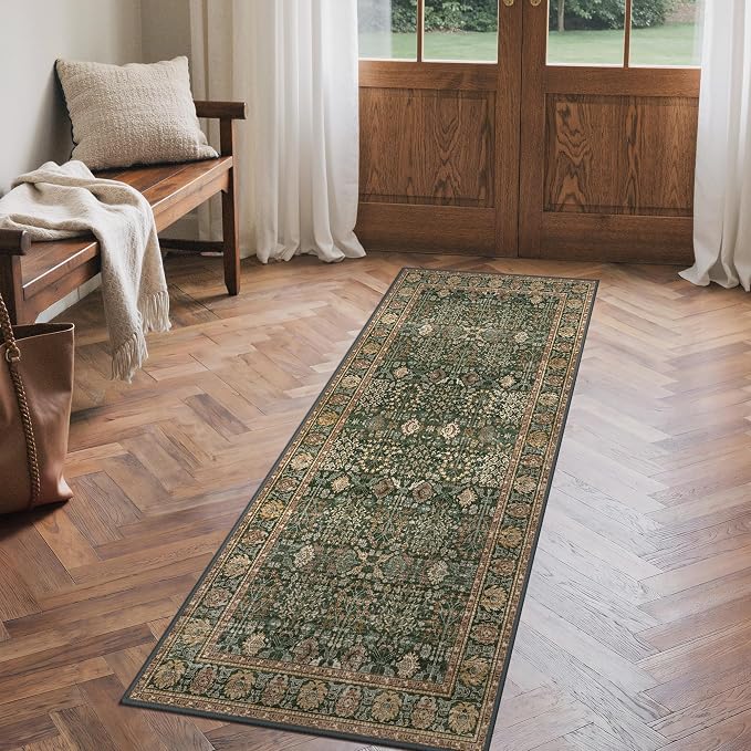 Bavni 2x7 Rug Runners for Hallways, Washable Runner Rug Non Slip,Vintage Floral Print Style Rugs for Bedroom-Lightweight Low Pile Carpet for Hallways Bathroom, Dark Green/Multi