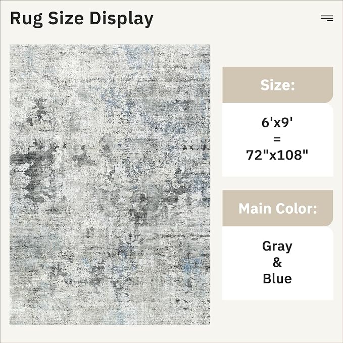 Soalmost 6x9 Abstract Area Rugs for Living Room 6 x 9 Washable Non Slip Low Pile Gray Rugs for Bedroom Dining Room Foldable Thin Gray Blue