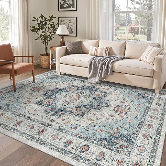 Madane 5x7 Area Rugs for Living Room, Non-Slip Washable Rug, Blue | Ultra-Thin Stain Resistant Vintage Large 5'X7' Carpet, Soft Low Pile Floor Mat For Bedroom Dining Room Office Home Decor