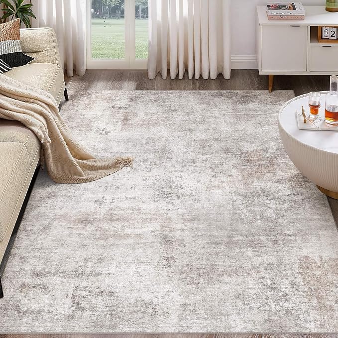 Abstract 8x10 Area Rug: Machine Washable Non Slip Ultra Thin Low-Pile Carpet, Soft Stain Resistant for Living Dining Room Bedroom, Kid Pet Friendly, Robot Vacuum Compatible - Brown Grey