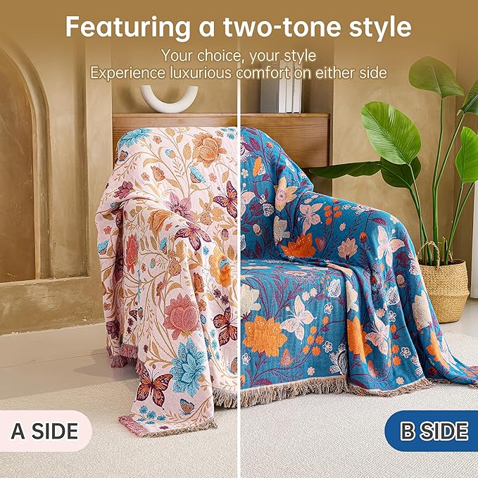 VANJOROY Boho Throw Blanket, 100% Organic Cotton Breathable Ultra Soft 91" x 98" Bed Quilt Throw - All Season Floral Rustic Farmhouse Decor Luxury Reversible Blanket for Sofa Couch Chair and Gift
