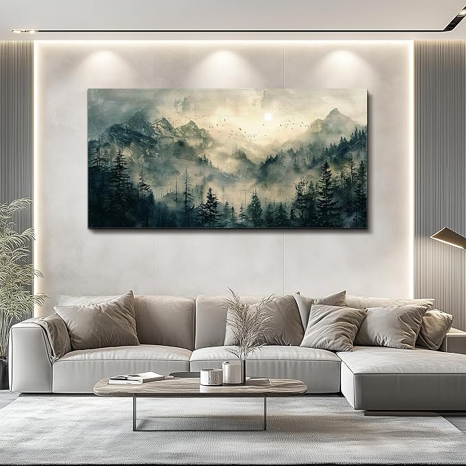 FUHAIHUA Large Framed Wall Decor For Living Room Canvas Wall Art For Office Farmhouse Wall Decorations For Bedroom Forest Fog Landscape Paintings Modern Pictures Artwork Room Home Decor 24x48 In