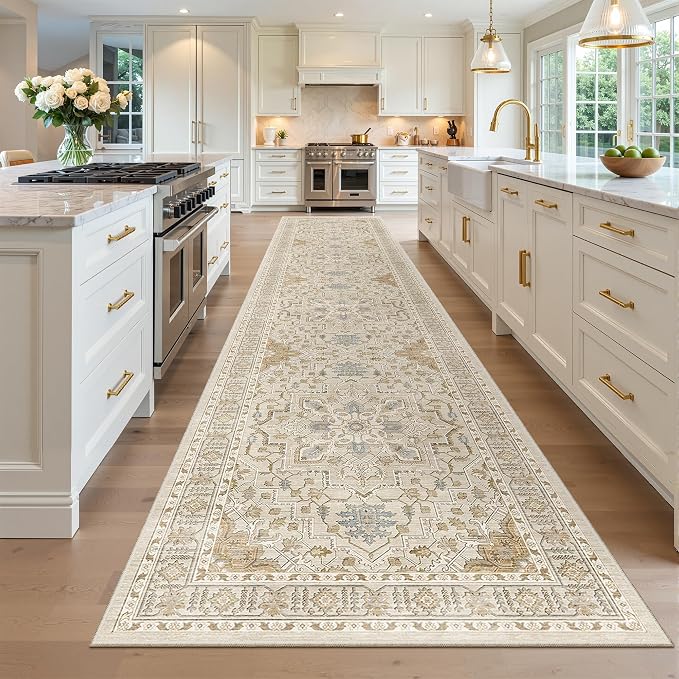 Madane Hallway Runner Rug 3x14 Washable Kitchen Runners Long, Beige/Blue | Vintage Non-Slip Wide Area Rugs 14ft for Entryway, Soft Thin Low-Pile Farmhouse Indoor Floor Carpet for Living Room Bedroom