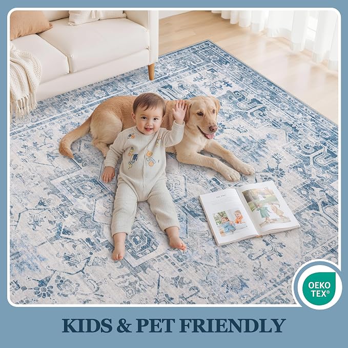 5x7 Area Rugs for Living Room:Blue Washable Vintage Medallion Boho Rug Non-Slip No Slip Stain Resistant Soft Low Pile Large Rugs Indoor Retro Carpet for Bedroom Nursery Dining Office (Blue Grey 5'x7')