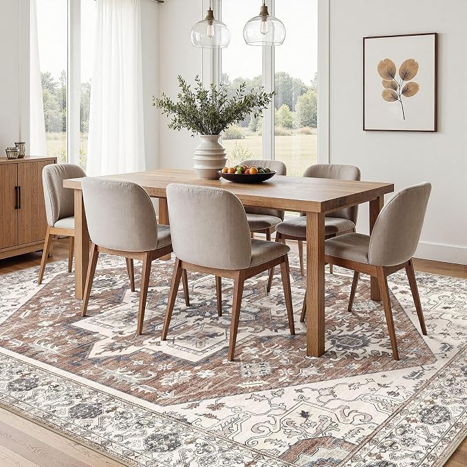Area Rug 10x12 for Living Room - Washable Oriental Vintage Floral Distressed Large Indoor Carpets with Non Slip Back for Bedroom Dining Room Nursery Office Home Decor -Terracotta/Brown