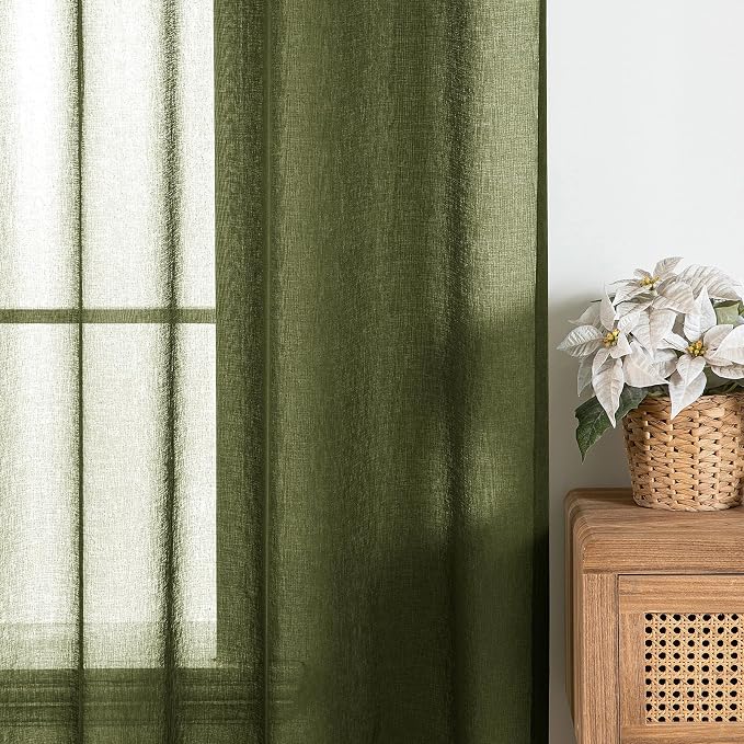 MIULEE 2 Panels Olive Green Semi Sheer Window Curtains Elegant Grommet Top Window Voile Drapes/Treatment Linen Textured Dark Green Panels for Bedroom Living Room (54X63 Inches)