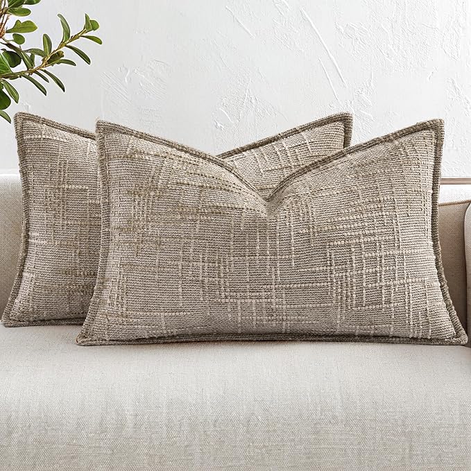 decorUhome Chenille Throw Pillow Covers 12x20 Set of 2, Soft Textured Slubby Modern Decorative Pillow Covers with Elegant Design for Couch, Sofa, Living Room, Oatmeal