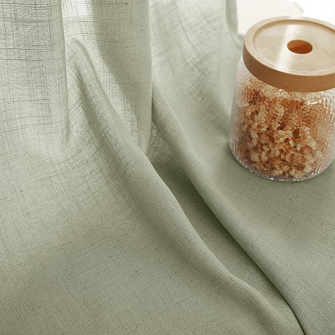 Linen Blend Sage Green Curtains 84 inch Length 2 Panels for Bedroom Back Tab Light Filtering Semi Sheer Drapes Linen Cotton Textured Light Green Airy Modern Farmhouse Living Room Sage Aesthetic Decor