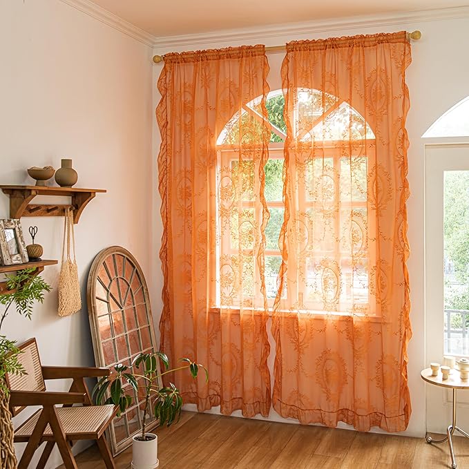Sutuo Home Lace Curtains 2 Panels for Bedroom Living Room 72 Inches Long, Boho Sheer Panels Floral Embroidery Ruffled Vintage Window Treatment Pair Fall Halloween Decor, Rod Pocket, W57 x L72,Orange
