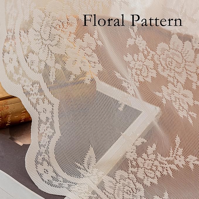 MEETSKY White Lace Curtains 63 Inch Length, Sheer Lace Curtain for Bedroom, Floral Vintage Light Filtering Short Curtains for Princess Room Living Room, Lace Drapes 2 Panels, Each Panel 50W x 63L