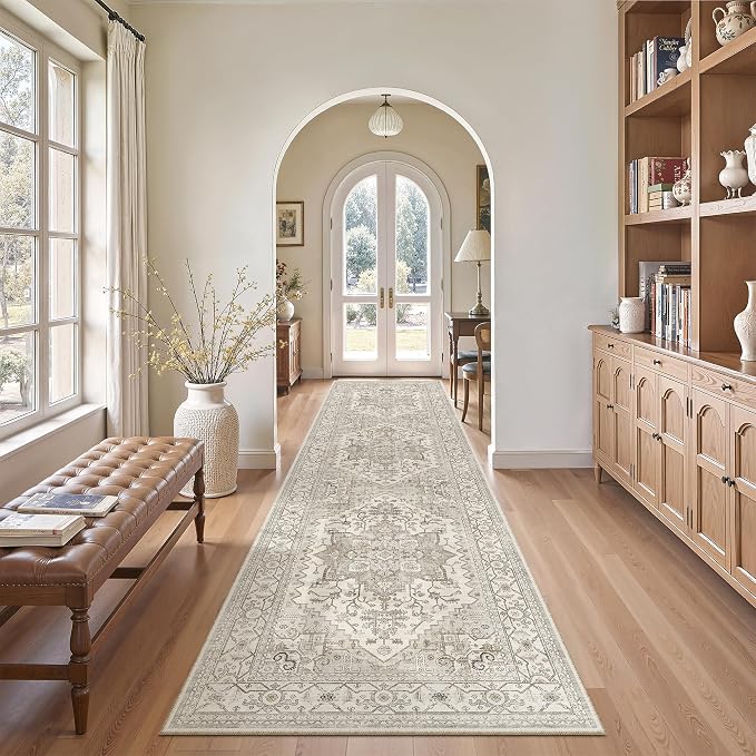 Madane Hallway Runner Rug 2'6''x10' Kitchen Runners Vintage, Beige/Brown | Non-Slip Washable Wide Rugs 2.5x10 Ft for Entryway Laundry and Bedroom, Soft Low Pile Stain-Resistant 10ft Floor Carpet