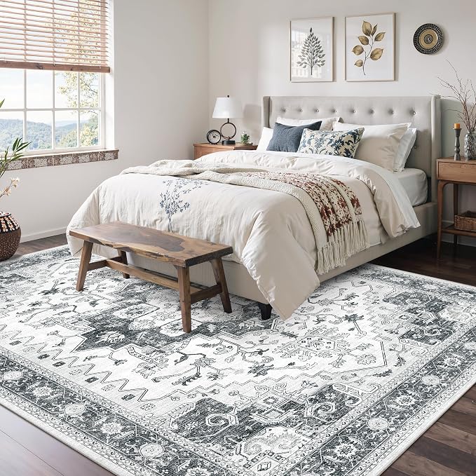 Washable 6x9 Area Rug,Vintage Floral Area Rugs with Non Slip Backing Stain Resistant Grey Carpet for Bedroom Dining Room Indoor Soft Carpets Home Decor(6x9,Grey)