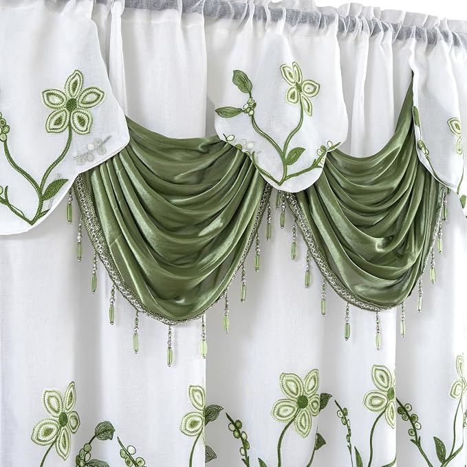 Petrichor Embroidered Sheer Curtain 2 Panels Set - Luxury Window Curtain Attached Valance with Satin Backing and 2 Tie Backs for Living Room,Dining Room, 54x95 inches, Sage Green