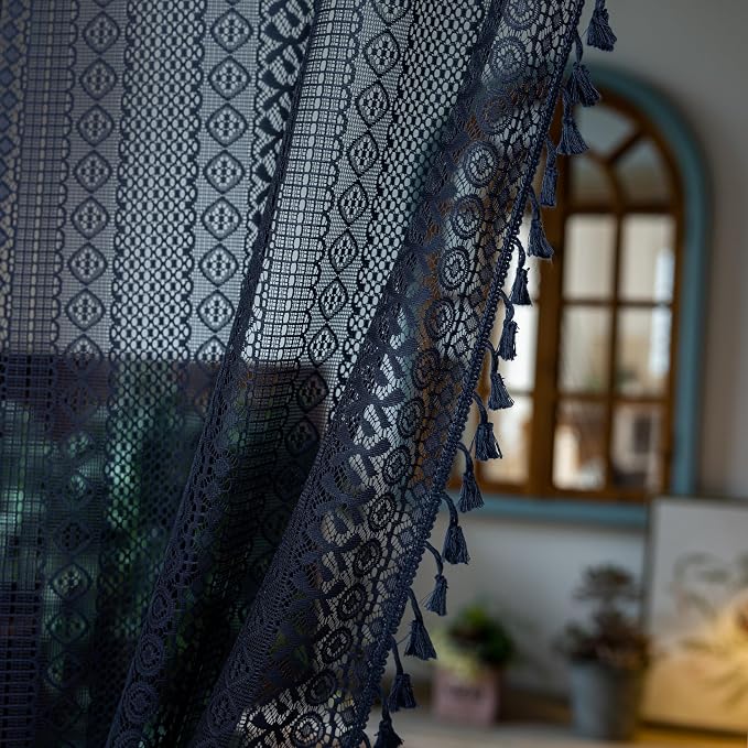 Sutuo Home Navy Blue Boho Doorway Curtain for Doorway Closet, Lace Sheer Door Curtain for Sliding Door Crochet Vintage Tassels Bohemian Privacy Temporary Room Divider Rod Pocket,1 Panel 37" x 80"