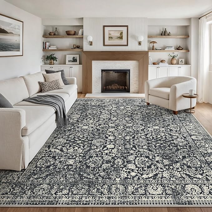 Bavni 2x7 Rug Runners for Hallways, Washable Runner Rug Non Slip,Vintage Floral Print Style Rugs for Bedroom-Lightweight Low Pile Carpet for Hallways Bathroom, Black Floral