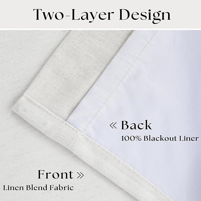 Blackout Linen Curtains 45 Inch Long Pinch Pleat Back Tab Pleated Country Room Darkening UV Blocking Ivory Short Curtains for Small Window Bedroom Nursery Cafe with Hooks Rings Beige Off White