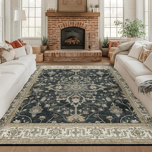 RELEANY Area Rugs Square 8ft Washable Non-Slip, Floral Vintage Distress Medallion Carpet for Living Room Bedroom Dining Room, Vintage Black Brown Neutral
