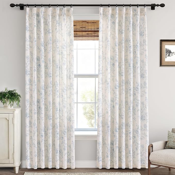 Pinch Pleat Blue Floral Curtains 84 inch Long Memory Trained Linen Curtain Light Filtering Living Room Farmhouse Blue and Cream Flower Pattern Printed Pleated Drapes with Hooks 2 Panels 40“W x 84"L