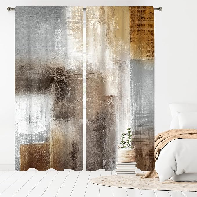 MESHELLY Grey Brown Curtains 52Wx84H Inch Rod Pocket Abstract Vintage Rust Tan Beige Modern Oil Painting Contemporary Bedroom Window Drapes Neutral Earth Tone Printed Living Room Window Treatment