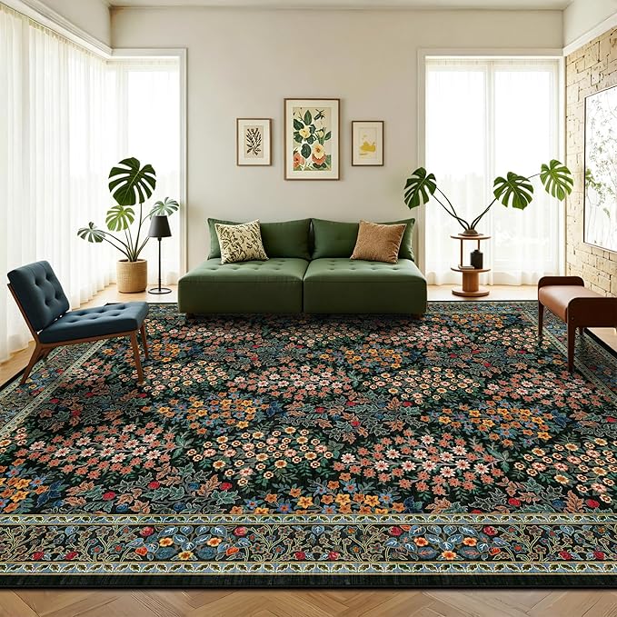 8x10 Area Rugs, Machine Washable Low Pile Floral Rugs for Living Room, Bedroom, Large Boho Area Rug with Non-Slip Backing for Dining Room(Black Floral)