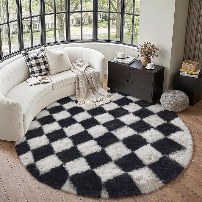 PureCozy Checkered Round Rugs 6ft for Living Room, Black and White Modern Shag Rugs Super Soft Washable Fluffy Indoor Office Carpet for Bedroom Home Dorm Aesthetic Decor