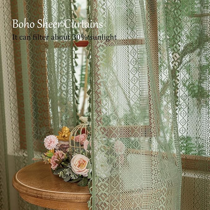 Sutuo Home Olive Green Boho Sheer Curtains 90 Inches Long for Nursery Bedroom, Lace Curtains Bohemian French Country Privacy Crochet Light Filtering Vintage Tassels Christmas Rod Pocket,2 Panels 50"W