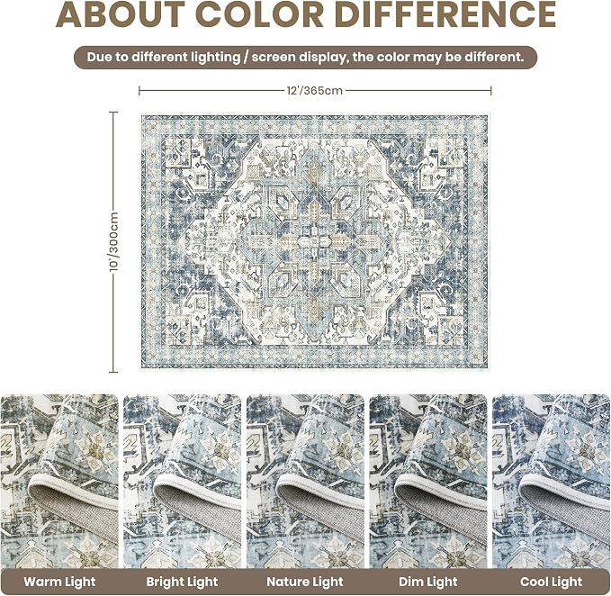 zesthome 10x12 Area Rugs-Washable Rug for Living Room, Non-Slip Backing Rugs, Stain Resistant 10x12 Rug for Bedroom, Ultra-Thin Low Pile Rugs, Vintage Large Home Decor