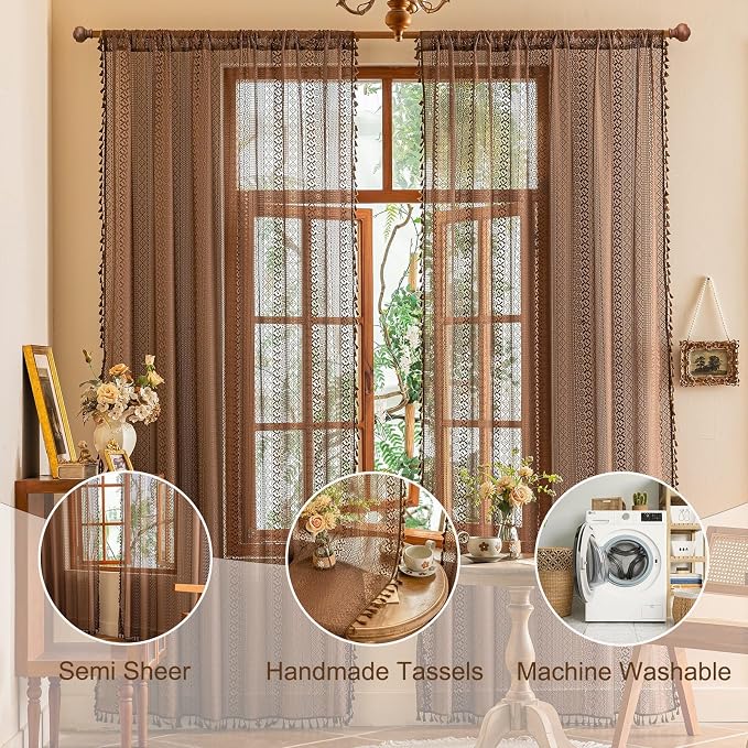 Sutuo Home Boho Lace Sheer Curtains 84 inches long, Bohemian Farmhouse Crochet Privacy Retro Caramel Vintage Tassels Window Curtains for Bedroom&Living Room Decor Rod Pocket,2 Panels 50"W,Dark Coffee