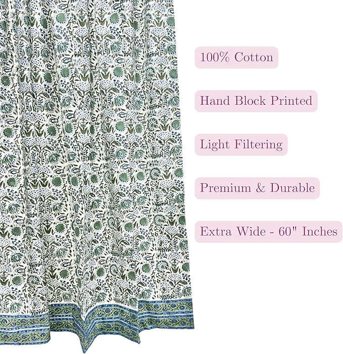 ATOSII 100% Cotton Single Panel Block Print Curtain, Easy Hanging with Rod Pocket & Loop, Living Room, Dining Room, Bedroom Light Filtering Boho Curtains, Set of 1, 60" W X 108" L, Clover Blue
