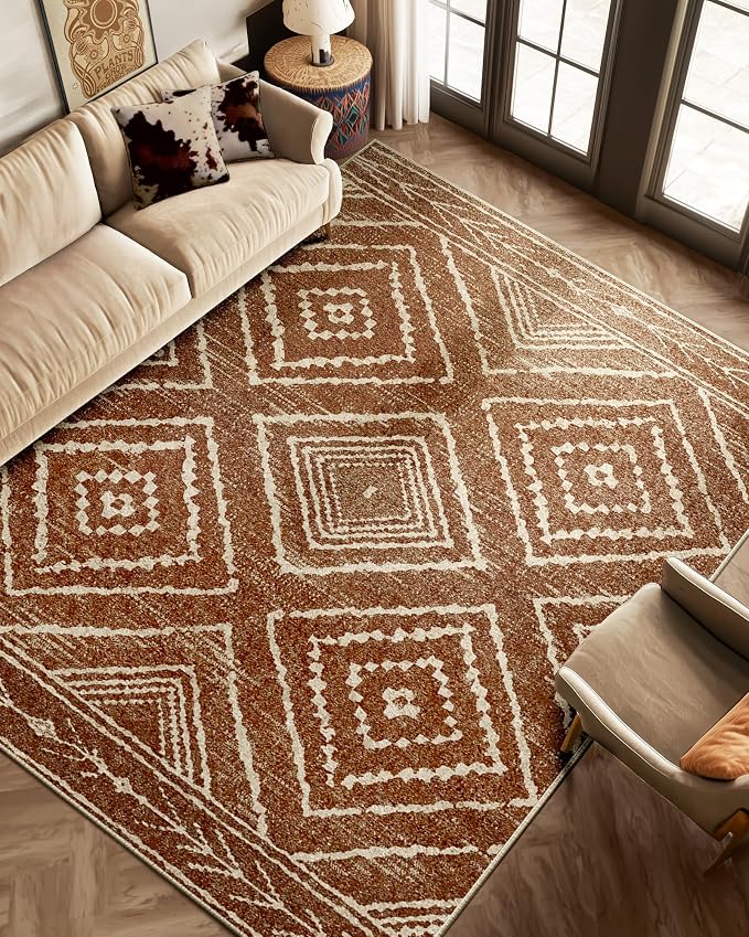 BESTSWEETIE Area Rug 7x9Rug Machine Washable Non-Slip Low Pile Print Pattern Western Rug for Living Room Bedroom Entryway Tribal Series-Yellowbrown/Cream