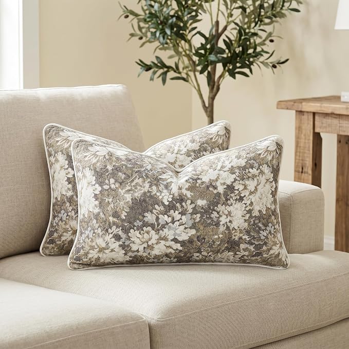 Vintage Floral Throw Pillow Covers 12x20 Inches Set of 2 Lumbar Boho Farmhouse Pillow Cases Premium Chenille Textured Decorative Cushion Covers for Couch Retro Garden Farmhouse Style Taupe