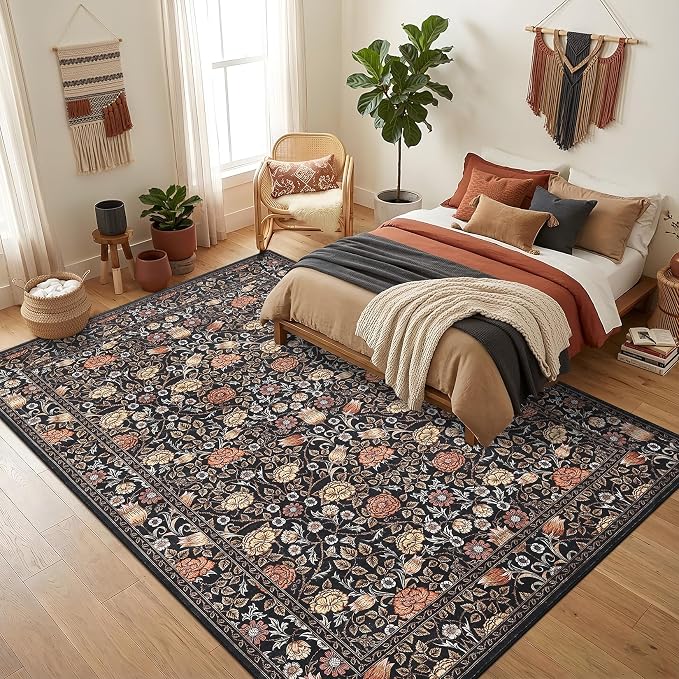 GarveeHome Brown Black Washable 8x10 Area Rugs for Living Room Vintage Floral Boho Botanical Retro Rug Low Pile Stain Resistance Non Slip Carpet for Bedroom Nursery Dining Room