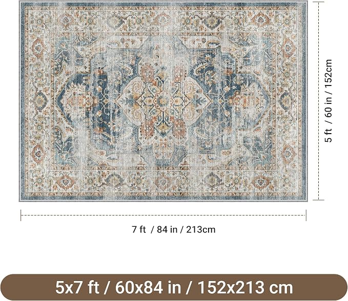 befbee 5x7 Area Rugs for Living Room,Stain Resistant Washable Rug,Non-Slip Backing Rugs for Bedroom,Kitchen,Printed Vintage Home Decor Rug (Navy, 5'x7')
