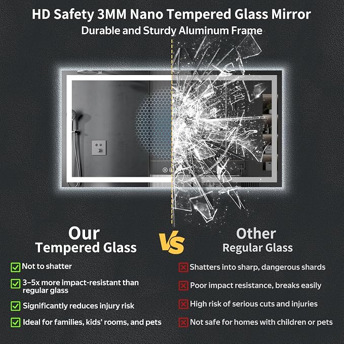 60"x30" LED Bathroom Mirror with Lights, Backlit + Front Lit with CRI>90, Lighted Mirror for Bathroom, Anti-Fog, Dimmable Brightness, 3 Colors, Memory Function, Shatterproof Tempered Glass