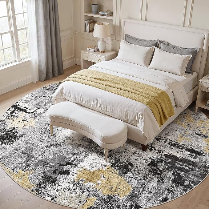 Abstract 12FT Round Rug: Machine Washable Non Slip Ultra Thin Low-Pile Carpet, Soft Stain Resistant for Living Dining Room Bedroom, Kid Pet Friendly, Robot Vacuum Compatible - Black Gold