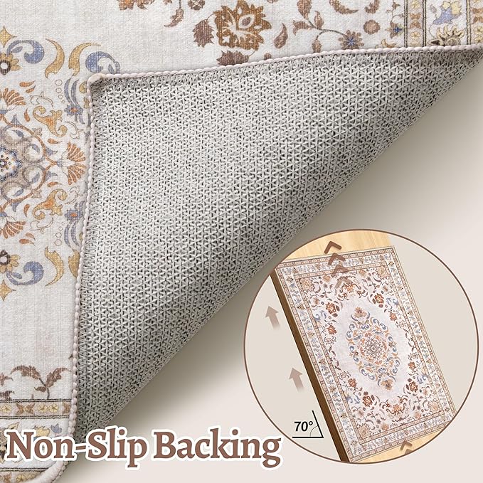 Tangsoo 2x6 Washable Runner Rug Non Slip, Vintage Boho Neutral Hallway Rug for Entry Kitchen, Soft Low Pile Beige Floor Carpet Runner for for Laundry, Bedroom, Living Room Home Decor