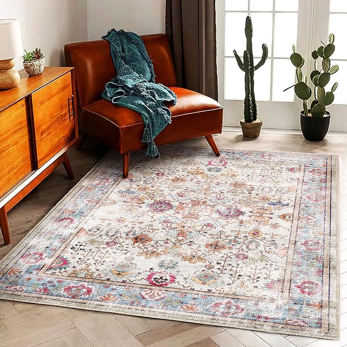 CHAMPLANT Washable Area Rug Vintage 6'x9' Light Traditional Floor Cover Thin Rug Retro Kitchen Indoor Distressed Non Slip Carpet Floral Print Mat Living Room Bedroom Dining Room