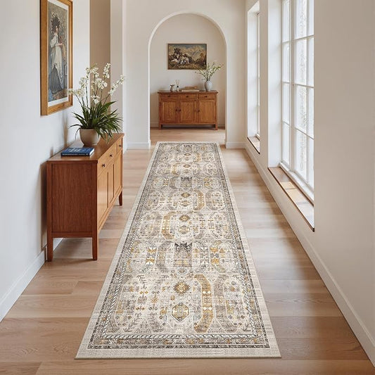 Madane Kitchen Runner Rug 2x7 with Rubber Backing Non Slip, Brown/Gold | Vintage Ultra-Thin Machine Washable Hallway Rugs 7 ft, Soft Low-Pile Throw Carpet Runners for Bedroom Bathroom Laundry Room